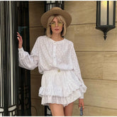 Sleeved Shirt Shorts Sets Summer Stand Collar Single Breasted White Blouse Suits Casual Vacation Mini Dress